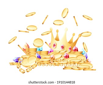 Pile of variety golden treasures crown gems coins chains vector illustration on white background