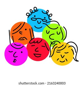 Pile of Various bright basic Geometric Figures with face emotions. Group of man and woman. Hand drawn trendy Vector illustration for kids. Cute funny characters.