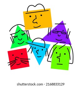 Pile of Various bright basic Geometric Figures with face emotions. Group of man and woman. Cute funny square and triangle characters. Hand drawn trendy Vector illustration for kids