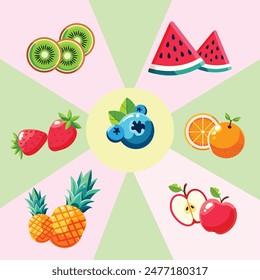 Pile of various fruits in flat style. Pineapple, kiwi, orange, banana, blueberry, apple, strawberry. Vector illustration in cartoon character. EPS 10