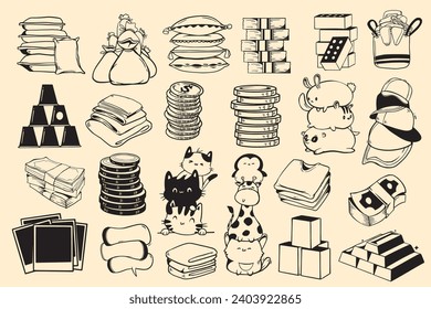 Pile of various items. Pile of coins. cloths, cute animals, and money 
