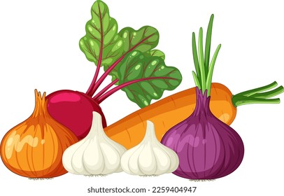 Pile of various root vegetables illustration