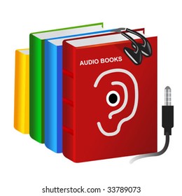 pile of vector audio books and a set of earphones