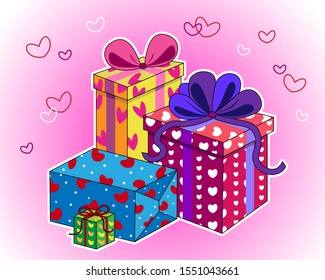 Pile of vector gifts in bright wrapping for St. Valentine's Day. 
Present boxes for Valentine's Day.