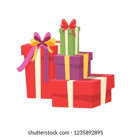 Pile of vector packages in decorative paper, shopping packs with surprise inside, purple green red containers with bow. Christmas presents wrapped in gift boxes