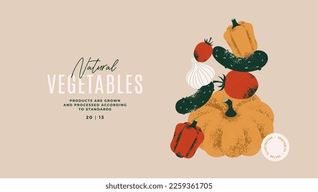 A pile of vegetables. Pumpkin with tomatoes and cucumbers. Healthy food. Vector illustration