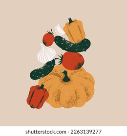Un montón de verduras. Calabaza con tomates y pepinos. Composición saludable de los alimentos. Ilustración del vector