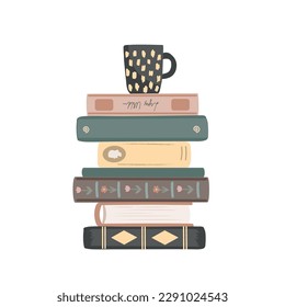 Pile of vintage books with a mug on the top. Standing books composition isolated on white background. Home library. Vector illustration