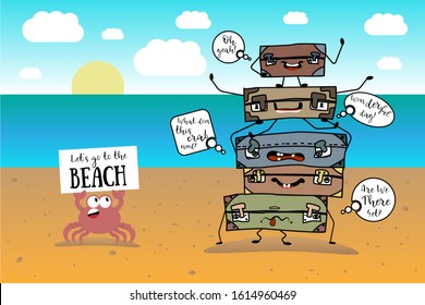 pile of vintage cartoon suitcases with arms, legs, eyes on beach by sea next to crab. Text clouds. Travel time