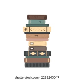 Pile of vintage novel and fairy tales books. Standing books composition isolated on white background. Home library. Vector illustration