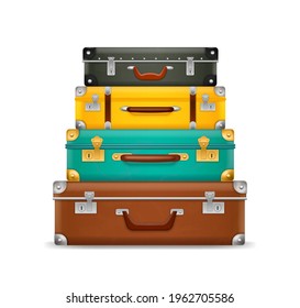 Pile vintage suitcases. Realistic old fashioned colorful briefcases stack, travel bags pyramid, ream luggage with locks and handles. Vacation symbol. Vector isolated on white concept