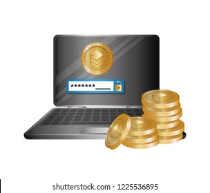pile virtual coins and laptop with stratis