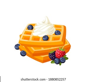Pile of waffles topped with whipped cream and berries. Vector illustration cartoon flat icon isolated on white background.