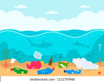 A Pile Of Waste And Debris Floating Lies On The Bottom In A Dirty Ocean Among Floating Fish. Concept Of Ecology And Processing. Flat Vector Illustration