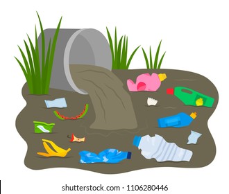 A pile of waste and debris floats in a dirty river. concept of ecology and processing. flat vector illustration isolated on white background