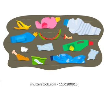 A pile of waste and debris floats in a dirty river. concept of ecology and processing. flat vector illustration isolated on white background