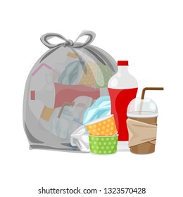 pile of waste dump and bag plastic black isolated on white background, plastic bottle garbage waste, transparent plastic waste glass and paper cup garbage, illustration for garbage pollution (vector)