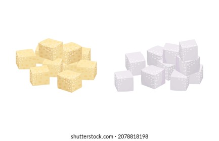 Pile of White and Brown Sugar Cubes as Sweetener for Tea and Coffee Vector Set.