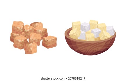 Pila de cubos de azúcar blanco y marrón como edulcorante para el juego de vectores de té y café.