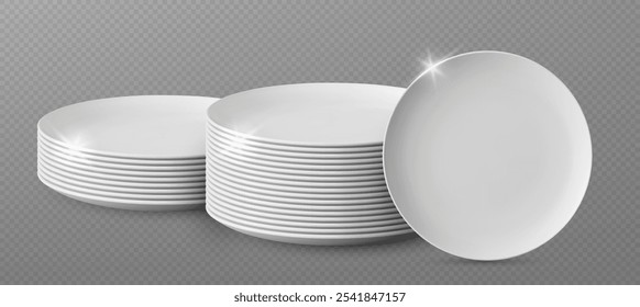 Pilha de placa branca limpa. Pilha de pratos de cozinha. Porcelana jantar loiça vista frontal. Tigela de vidro transparente para alimentos isolados em fundo transparente. Espumante redondo servindo objetos de louça no restaurante