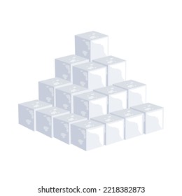 Pile of white cube sugar. Cubes of sugar stacked up in pile. Vector illustration isolated in white background. Sweet food, sucrose concept.