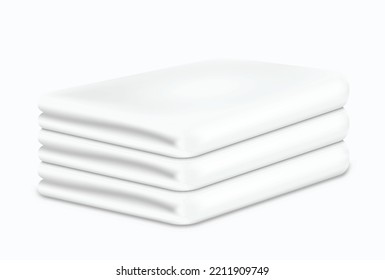 Pile of white fabric towels for bathroom, shower, kitchen or beach. Set of clean fluffy cloth towels for hands, body and spa, folded in stack. 3d vector illustration