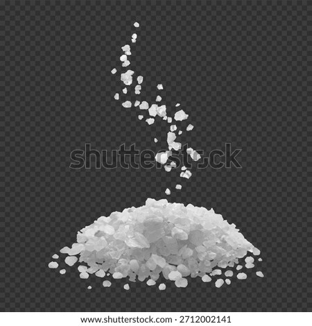 A pile of white salt and crystals with falling particles, edible or sea salt, side view. Healthy eating, beauty, food product, seasoning. Vector realistic. Isolated on a dark transparent background.
