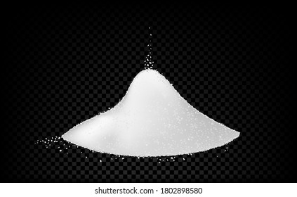 Pile of white salt with falling grains over a black transparent vector background