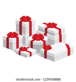 Pile of white wrapped gift boxes set with red ribbons flat style design. Big on sale concept. Vector isometric illustration for interface app ui ux web banner icon isolated on white background