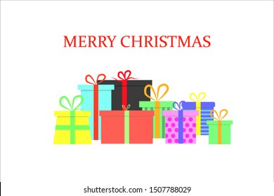 Pile of winter holidays gift boxes, christmas balls, xmas trees and santa hat vector poster. Flat style vector illustration isolated on white background.