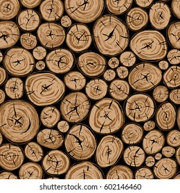 Pile of wood. Round organic shape elements. Realistic cracked wood texture background. Seamless pattern. Vector illustration for modern design