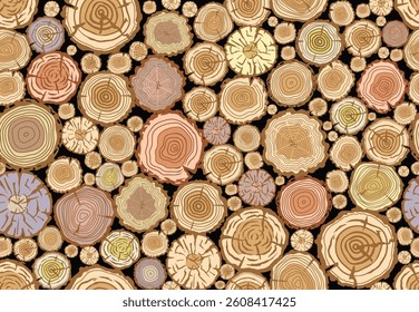 Pile of wood. Seamless round organic shape elements. wooden stack pattern. Realistic cracked wood texture background. Round tree log wallpaper