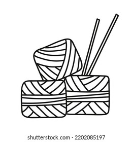 Pile of wool yarn with knit needles for crochet, knitting in outline sketch. Skein, ball, bobbin. Isolated doodle vector illustration