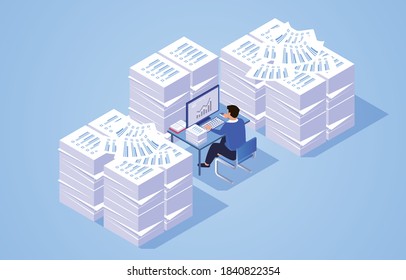 Pile of work documents piled up around busy working businessman