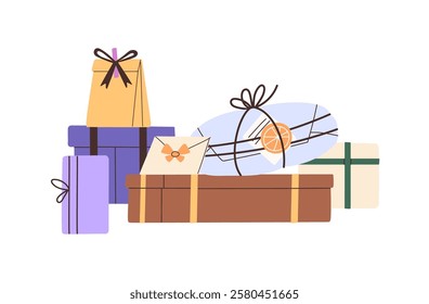 Pile of wrapped Christmas gift boxes. Lots of Birthday surprises with different sizes and shapes. Heap of festive bags, Xmas presents, envelopes. Flat isolated vector illustration on white background
