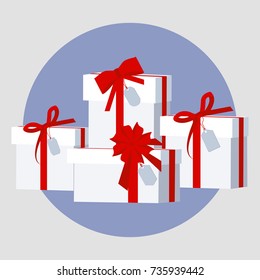 Pile of wrapped gift boxes. Christmas and birthday presents with tags. Isolated vector illustration