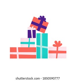 Pile of wrapped gift boxes. Mountain gifts. Bunch of colorful gift boxes with ribbons. Isolated vector flat illustration with texture