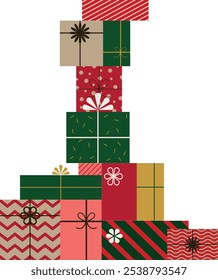 A pile of wrapped gift boxes and presents with bows and ribbons in flat style. Simple geometric shapes. Background illustration for cards, banners, sales and shopping