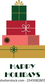 A pile of wrapped gift boxes and presents with bows and ribbons and happy holidays text in flat retro style. Simple geometric shapes. Background illustration for cards, banners, sales and shopping