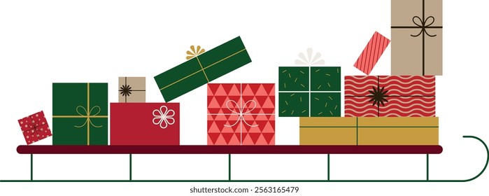 Pile of wrapped gift boxes and presents with bows and ribbons in flat style in a sledge. Simple geometric shapes. Background illustration for cards, banners, sales and shopping