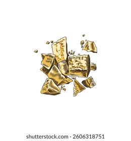 A pile of yellow cheese cubes sketch. Parmesan cheese grated pieces heap. Milk food production. Hand drawn vector color illustration of healthy snack, recipe ingredient. Menu decoration isolated