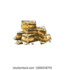 A pile of yellow cheese cubes sketch. Parmesan brick pieces heap. Milk food production. Hand drawn vector color illustration of healthy snack, recipe ingredient, menu decoration isolated