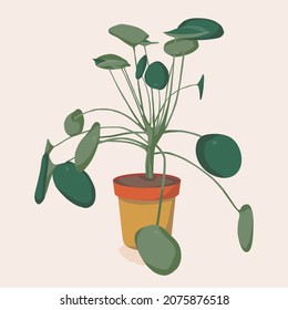 Pilea Houseplant Illustration. Scandinavian Cozy Home Decor. Flat Vector Cartoon Icon Illustration Of House Plant Isolated