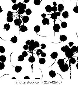 Pilea leaves with stems vector seamless pattern. Black branches with circle leaves. Botanical seamless background with bold leaves. Hand drawn black brush stroke botanical texture. Drawing of pilea