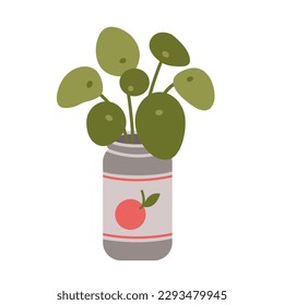 Pilea peperomioides, Chinese money plant in can, cartoon style. House plants for home interior, urban jungle. Trendy modern vector illustration isolated on white, hand drawn, flat design.