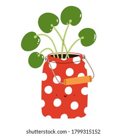 Pilea peperomioides in a cute red polka dot can, cartoon character, isolated vector illustration