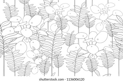 Pilea and tumeric leaves and exotic flowers composition. Vector illustration. Botanical seamless wallpaper. Digital nature art. Cartoon style sketch. White background.