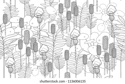 Pilea and tumeric leaves and exotic flowers composition. Vector illustration. Botanical seamless wallpaper. Digital nature art. Cartoon style sketch. White background.