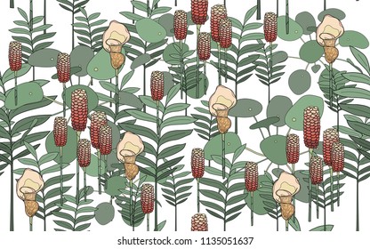 Pilea and tumeric leaves and flowers. Big leaves and exotic flowers composition. Vector illustration. Botanical seamless wallpaper. Digital nature art. Cartoon style sketch. White background.