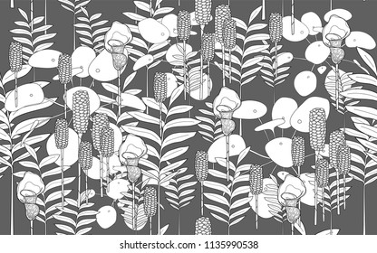 Pilea and tumeric leaves and flowers. Big leaves and exotic flowers composition. Vector illustration. Botanical seamless wallpaper. Digital nature art. Cartoon style sketch. Grey background.